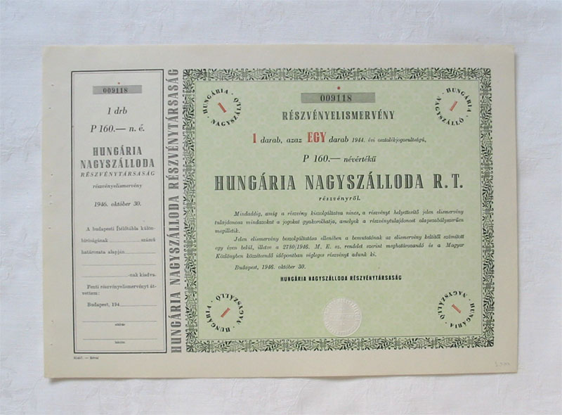 Hungária Nagyszálloda Rt. 160 pengő 1946